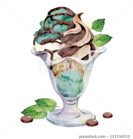 Mint gelato soft scoop with chocolate chunks, dragee bonbons and leaf in sundae glass bowl. Isolated illustration hand drawn in watercolor. Natural flavor label, botanical product tag, vegan food art Mint gelato soft scoop with chocolate chunks, dragee bonbons and leaf in sundae glass bowl. Isolated illustration hand drawn in watercolor. Natural flavor label, botanical product tag, vegan food art 133530553