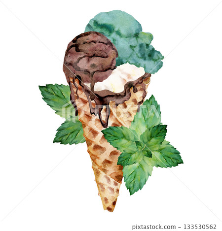 Ice cream gelato scoop in melted chocolate-lined waffle cone, mint leaves and syrup drizzle topping. Isolated illustration hand drawn in watercolor. Summer product branding, treat sticker, flavor tag. Ice cream gelato scoop in melted chocolate-lined waffle cone, mint leaves and syrup drizzle topping. Isolated illustration hand drawn in watercolor. Summer product branding, treat sticker, flavor tag. 133530562