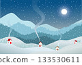 Winter night scene featuring cozy houses with smoking chimneys nestled among snowy hills. Snowflakes fall across the landscape, with layers of pine forests and soft blue mountains in the background 133530611