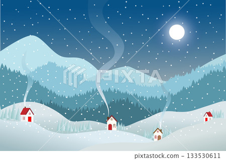 Winter night scene featuring cozy houses with smoking chimneys nestled among snowy hills. Snowflakes fall across the landscape, with layers of pine forests and soft blue mountains in the background 133530611