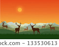 Illustration of a serene wilderness scene natural landscape featuring a herd of deer silhouetted against a vibrant orange sky. The background displays layered mountains in varying soft green and gray 133530613