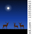 A serene night scene with three deer silhouettes standing in a field of grass, under a starry sky with prominent full moon. 133530615