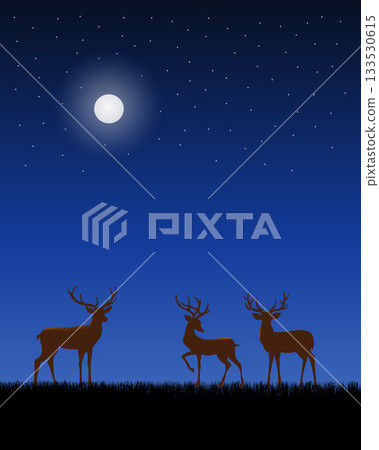A serene night scene with three deer silhouettes standing in a field of grass, under a starry sky with prominent full moon. 133530615