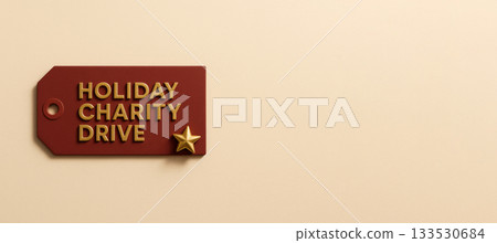 Holiday charity message on red label with gold text and star, beige background 133530684
