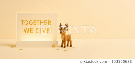 Holiday giving message with toy reindeer and stars on beige background 133530688