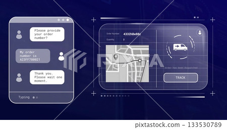 Displaying chat order tracking in tech mockup, with chat window frame, map route pins, TRACK button 133530789