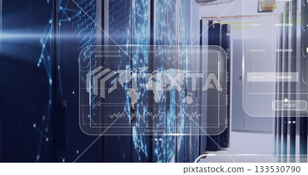 Floating holographic panel displaying transaction data in data center, showing server racks Floating holographic panel displaying transaction data in data center, showing server racks 133530790