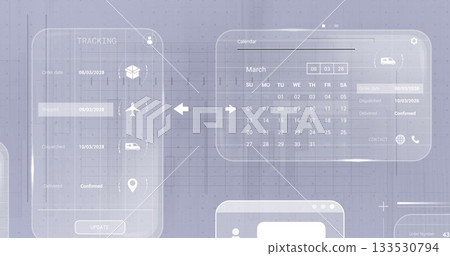 Displaying UI panels showing shipping stages and March calendar in UI workspace, with icons 133530794