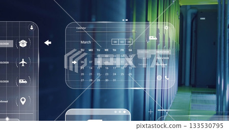 Displaying holographic calendar tracking shipments in data center, with server racks glowing green 133530795