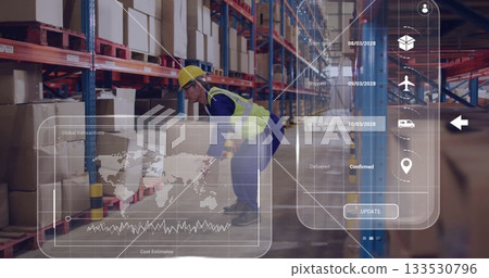 Bending warehouse worker wearing yellow helmet and vest lifting box in warehouse, with UI overlays Bending warehouse worker wearing yellow helmet and vest lifting box in warehouse, with UI overlays 133530796