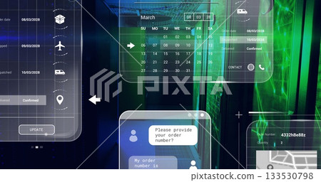 Displaying translucent calendar in server room, with order tracking, chat, summary, map snippet Displaying translucent calendar in server room, with order tracking, chat, summary, map snippet 133530798