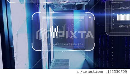 Floating panel projecting waveform and bar graph in server rack corridor with overhead cable trays Floating panel projecting waveform and bar graph in server rack corridor with overhead cable trays 133530799