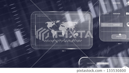 Map panel showing line graph in UI, shipping status panel, UPDATE button, order 4332hBe88z quantity 133530800