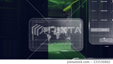 Holographic UI glowing in server room, with transactions map, line graph and order tracking panel Holographic UI glowing in server room, with transactions map, line graph and order tracking panel 133530802
