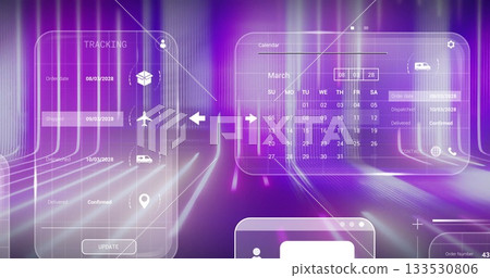 Displaying calendar panel showing March schedule in digital interface, with tracking panel icons Displaying calendar panel showing March schedule in digital interface, with tracking panel icons 133530806