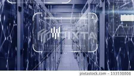 Server corridor stretching through data center, with racks flashing LEDs and network cables 133530808