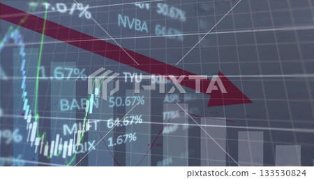 Red down arrow appearing on trading dashboard featuring chart overlays and data labels 133530824