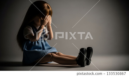 Sad doll with hands covering face, sitting on the floor in a dim room 133530867