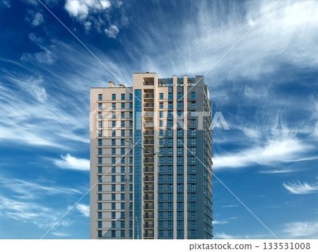Building facade, blue sky windows. Modern urban skyscraper architecture houses corporate office real Building facade, blue sky windows. Modern urban skyscraper architecture houses corporate office real 133531008