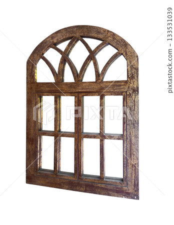 Window frame in rustic vintage design. Antique wooden border with weathered brown textured casement 133531039