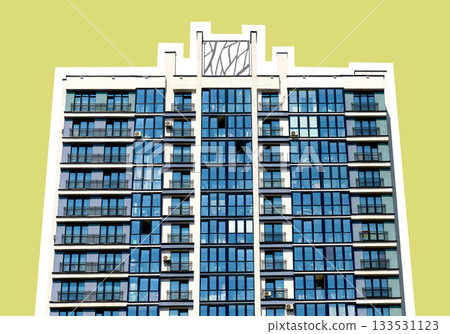 Frontal view of a modern high-rise residential building with symmetrical blue glass windows and Frontal view of a modern high-rise residential building with symmetrical blue glass windows and 133531123