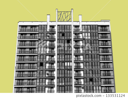 Stylized halftone depiction of a modern high-rise apartment building with balconies and windows, Stylized halftone depiction of a modern high-rise apartment building with balconies and windows, 133531124