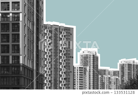 Cluster of modern residential high-rise apartment buildings with geometric facades, isolated against 133531128