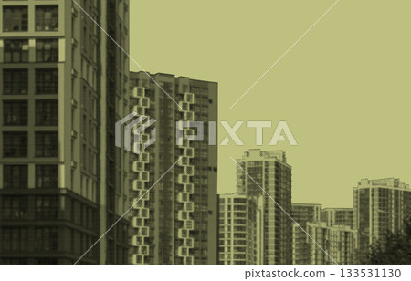 Halftone-style graphic of tall residential apartment blocks with repeating geometric windows and Halftone-style graphic of tall residential apartment blocks with repeating geometric windows and 133531130