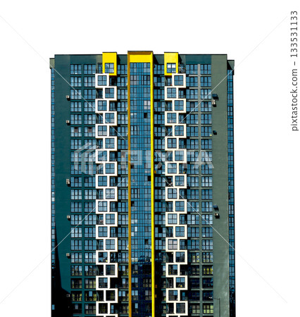 Modern residential high-rise building with glass facade and bold yellow vertical accents, isolated Modern residential high-rise building with glass facade and bold yellow vertical accents, isolated 133531133