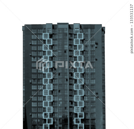 Cyan halftone image of a modern apartment block with repeating square balconies and vertical window 133531137