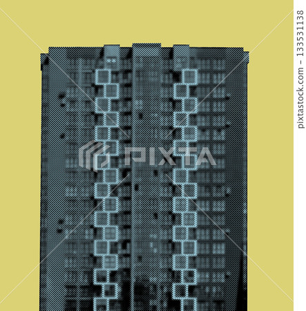 Cyan halftone artwork of a tall residential building with stacked square balconies and vertical 133531138