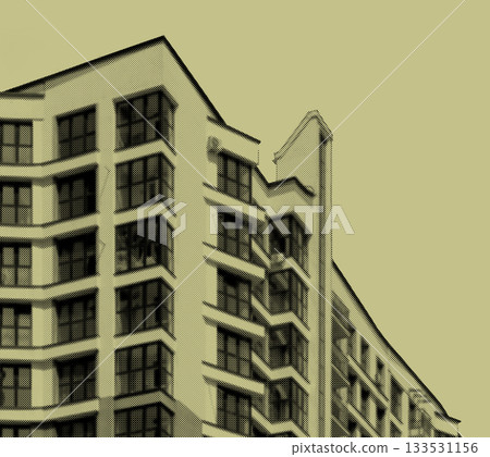 Stylized halftone image of a modern multi-storey building with a geometric facade. The structure Stylized halftone image of a modern multi-storey building with a geometric facade. The structure 133531156