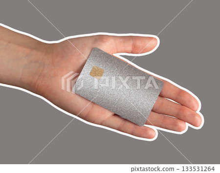 Silver glitter card on palm with metallic shine. Plastic chip design for secure identity, debit, Silver glitter card on palm with metallic shine. Plastic chip design for secure identity, debit, 133531264