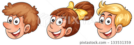 Cartoon Smiling Children Heads with Different Hairstyles Cartoon Smiling Children Heads with Different Hairstyles 133531359