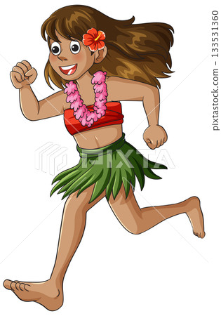 Hawaiian Girl Running in Traditional Grass Skirt and Lei Hawaiian Girl Running in Traditional Grass Skirt and Lei 133531360