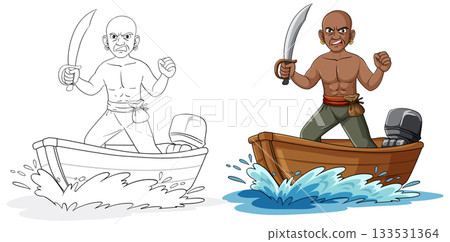 Angry Pirate Standing With Sword on Motorboat Vector Angry Pirate Standing With Sword on Motorboat Vector 133531364