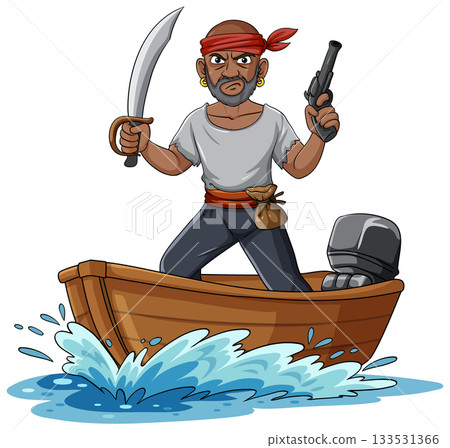 Armed Pirate Standing in Wooden Motorboat on Water Armed Pirate Standing in Wooden Motorboat on Water 133531366