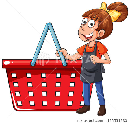 Smiling Girl Holding Large Red Shopping Basket 133531380