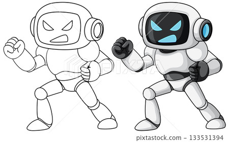 Angry Cartoon Robot in Fighting Pose, Color and Outline 133531394