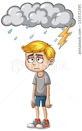 Sad Boy Standing Under Rain Cloud with Lightning 133531395