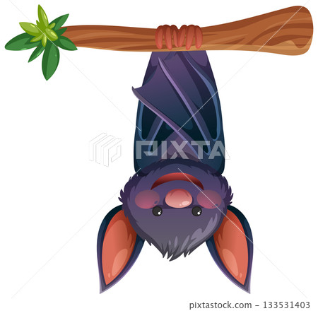 Cartoon Bat Hanging Upside Down from Tree Branch Cartoon Bat Hanging Upside Down from Tree Branch 133531403