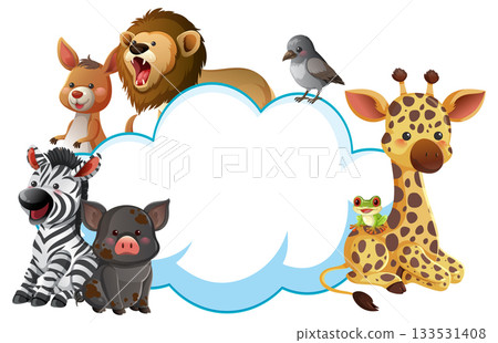 Cartoon Safari Animals Around Blank Cloud Frame Cartoon Safari Animals Around Blank Cloud Frame 133531408
