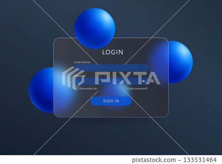 Login interface with bright blue spheres on dark blurred background, user interface design for modern websites or apps 133531464