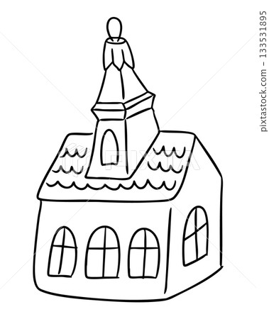 A small church with arched windows and a tall steeple is drawn as a simple outline illustration. The concept represents Christmas spirit, winter tradition and holiday architecture A small church with arched windows and a tall steeple is drawn as a simple outline illustration. The concept represents Christmas spirit, winter tradition and holiday architecture 133531895