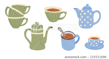 A cozy set of teacups, mugs and kettles in soft colors creates a warm and inviting illustration. The concept represents comfort, hygge atmosphere and relaxing tea time A cozy set of teacups, mugs and kettles in soft colors creates a warm and inviting illustration. The concept represents comfort, hygge atmosphere and relaxing tea time 133531896