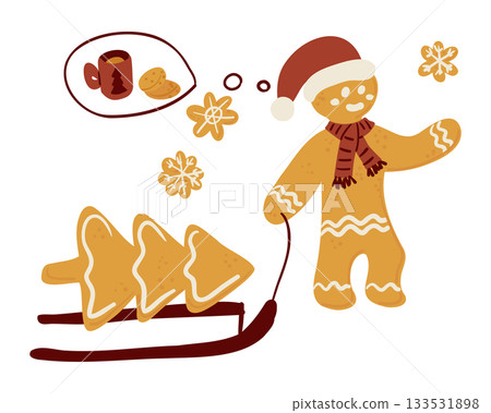 A gingerbread character in a Santa hat pulls a sled of tree-shaped cookies while dreaming of hot cocoa and treats. The concept represents Christmas joy, winter fun and festive holiday treats A gingerbread character in a Santa hat pulls a sled of tree-shaped cookies while dreaming of hot cocoa and treats. The concept represents Christmas joy, winter fun and festive holiday treats 133531898