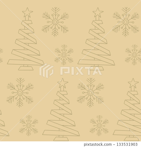 A minimal repeating pattern with stylized ribbon Christmas trees and delicate snowflakes creates a soft festive background. The concept represents eco wrapping, holiday decoration and winter design A minimal repeating pattern with stylized ribbon Christmas trees and delicate snowflakes creates a soft festive background. The concept represents eco wrapping, holiday decoration and winter design 133531903