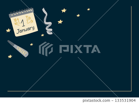 A festive new year background with a January 1 calendar, stars, streamers and a cheers noisemaker frames an empty space for messages. The concept represents new year celebration, fresh beginnings 133531904