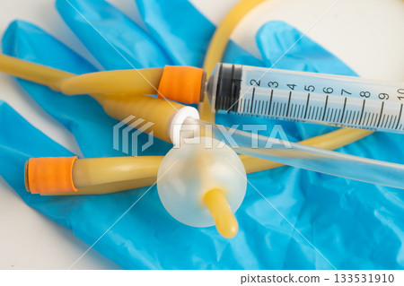 Foley catheter and urine drainage bag collect urine for disability or patient in hospital. Foley catheter and urine drainage bag collect urine for disability or patient in hospital. 133531910