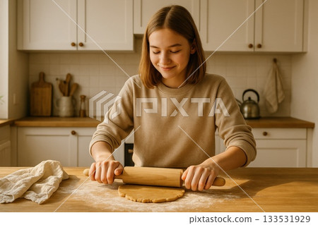 Girl rolling out dough with a rolling pin in a warm sunlit kitchen. this image conveys home baking, cozy routine and peaceful everyday creativity Girl rolling out dough with a rolling pin in a warm sunlit kitchen. this image conveys home baking, cozy routine and peaceful everyday creativity 133531929